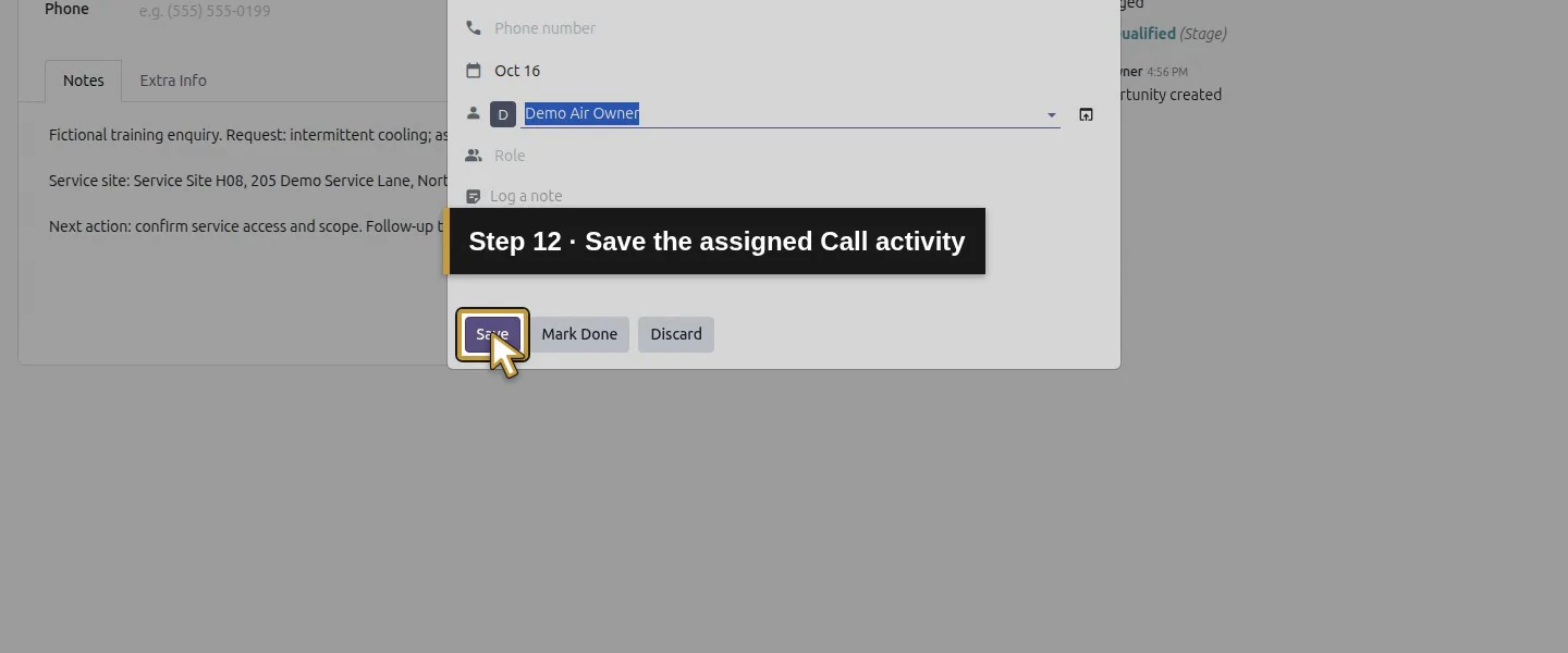 Video action 12: Save the assigned Call activity. The actual target is highlighted in gold.
