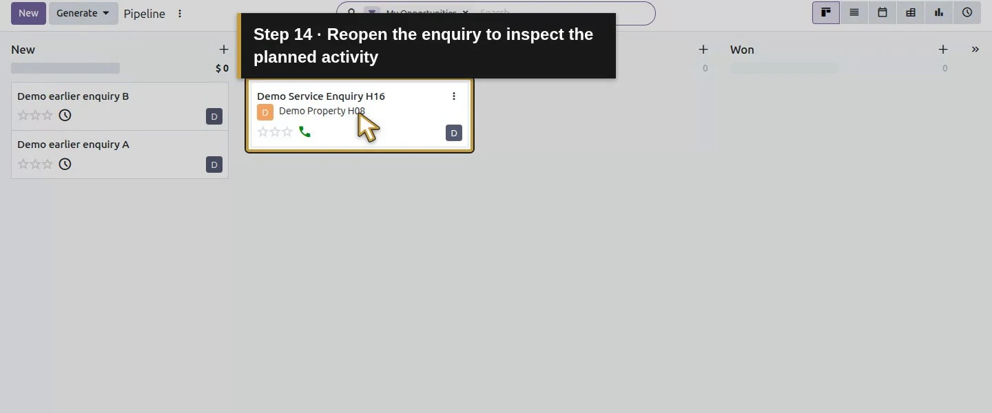 Video action 14: Reopen the enquiry to inspect the planned activity. The actual target is highlighted in gold.
