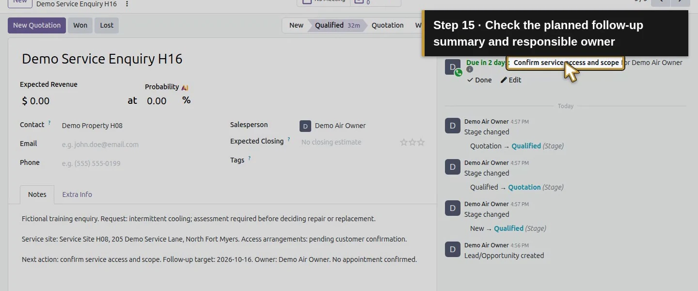Video action 15: Check the planned follow-up summary and responsible owner. The actual target is highlighted in gold.