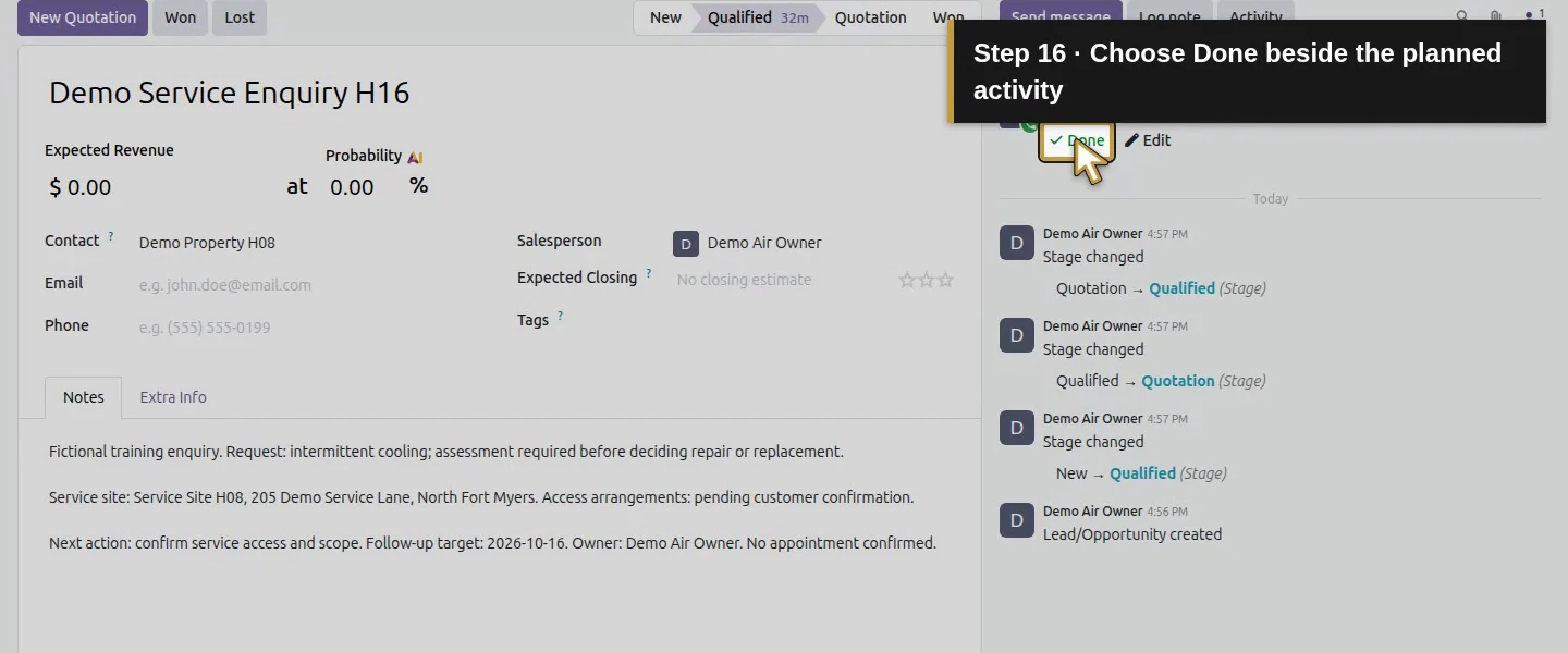 Video action 16: Choose Done beside the planned activity. The actual target is highlighted in gold.