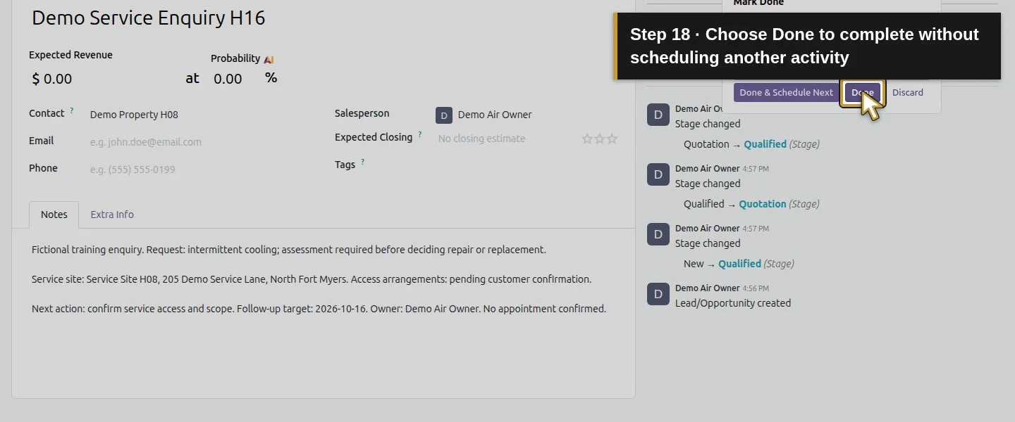 Video action 18: Choose Done to complete without scheduling another activity. The actual target is highlighted in gold.