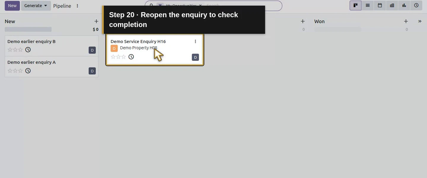 Video action 20: Reopen the enquiry to check completion. The actual target is highlighted in gold.