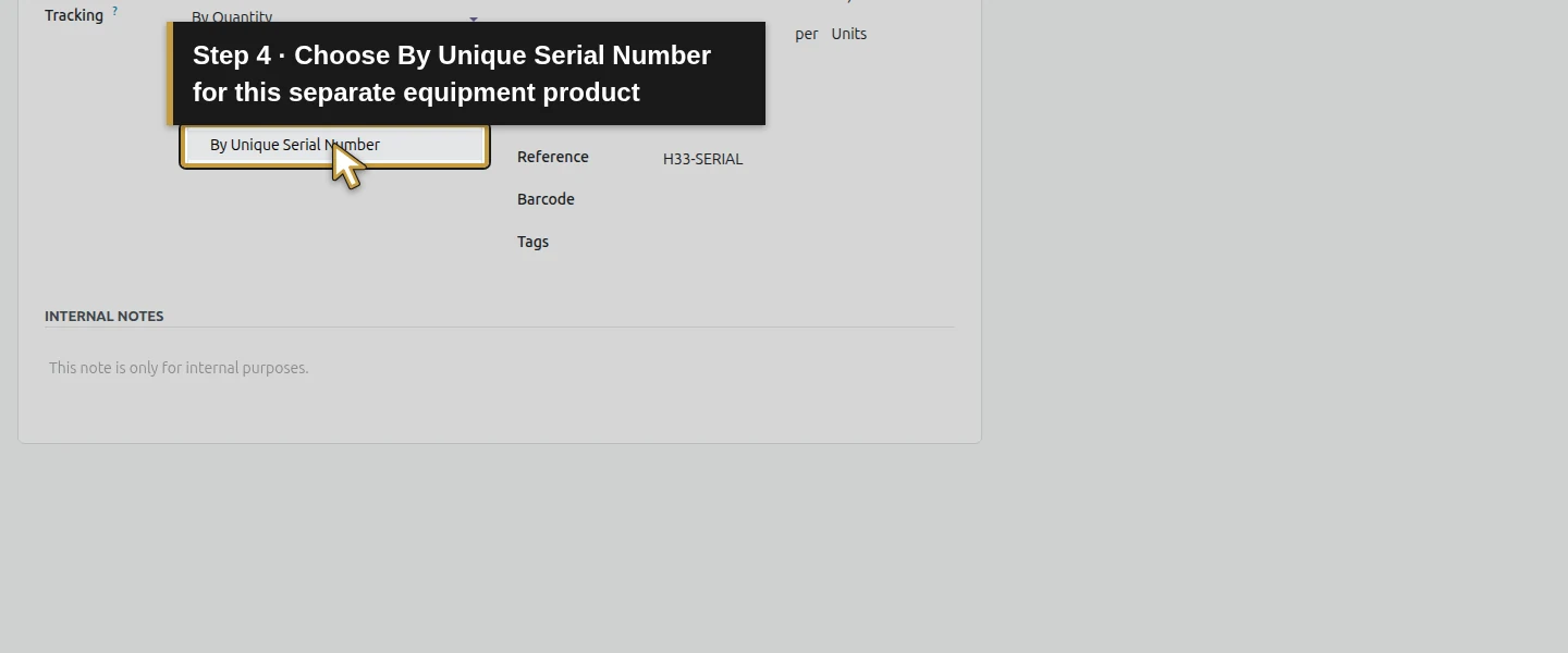 Action 4: Choose By Unique Serial Number for this separate equipment product. The actual target is highlighted in gold.