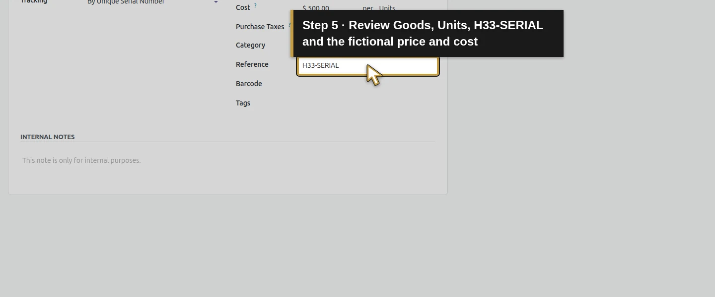 Action 5: Review Goods, Units, H33-SERIAL and the fictional price and cost. The actual target is highlighted in gold.