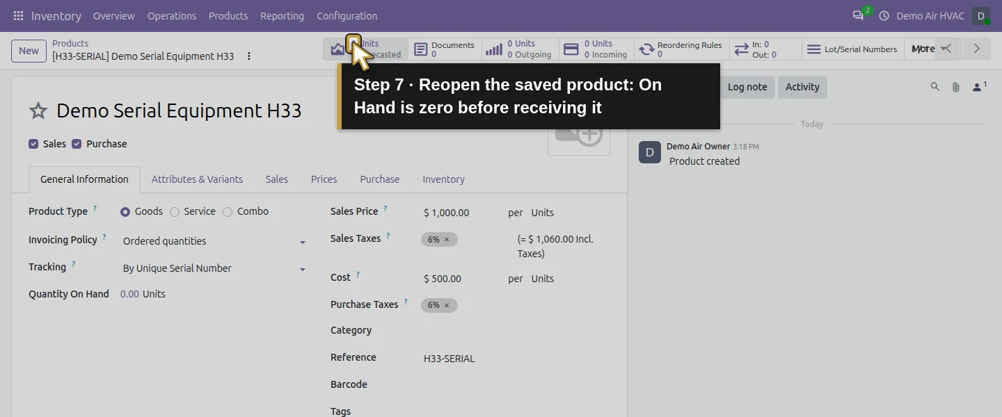 Action 7: Reopen the saved product: On Hand is zero before receiving it. The actual target is highlighted in gold.