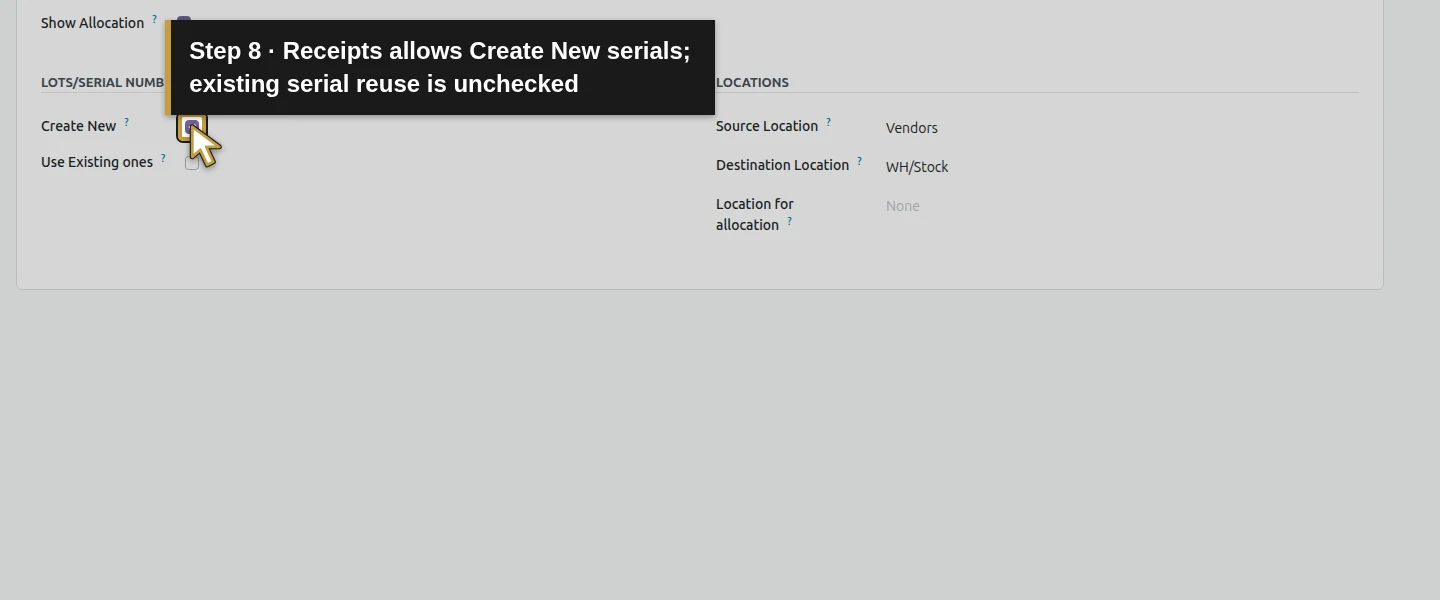 Action 8: Receipts allows Create New serials; existing serial reuse is unchecked. The actual target is highlighted in gold.