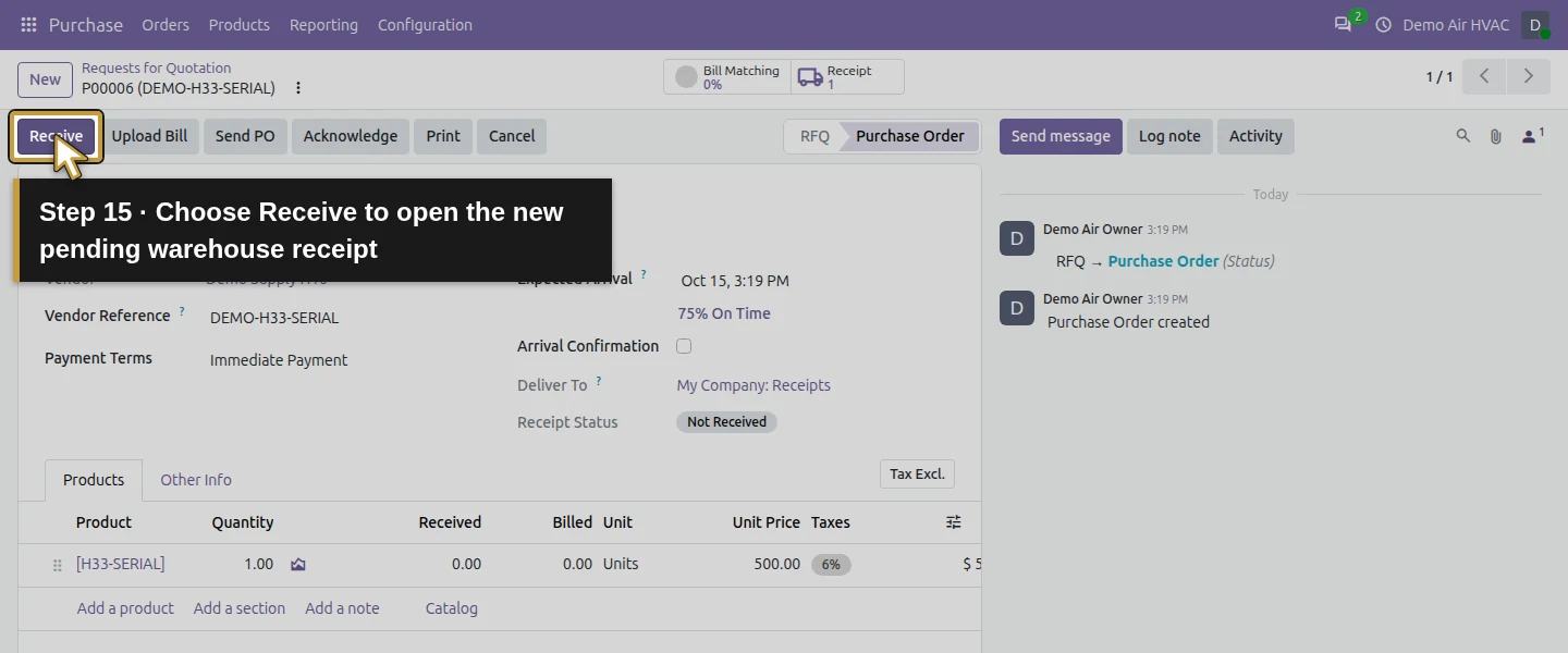 Action 15: Choose Receive to open the new pending warehouse receipt. The actual target is highlighted in gold.