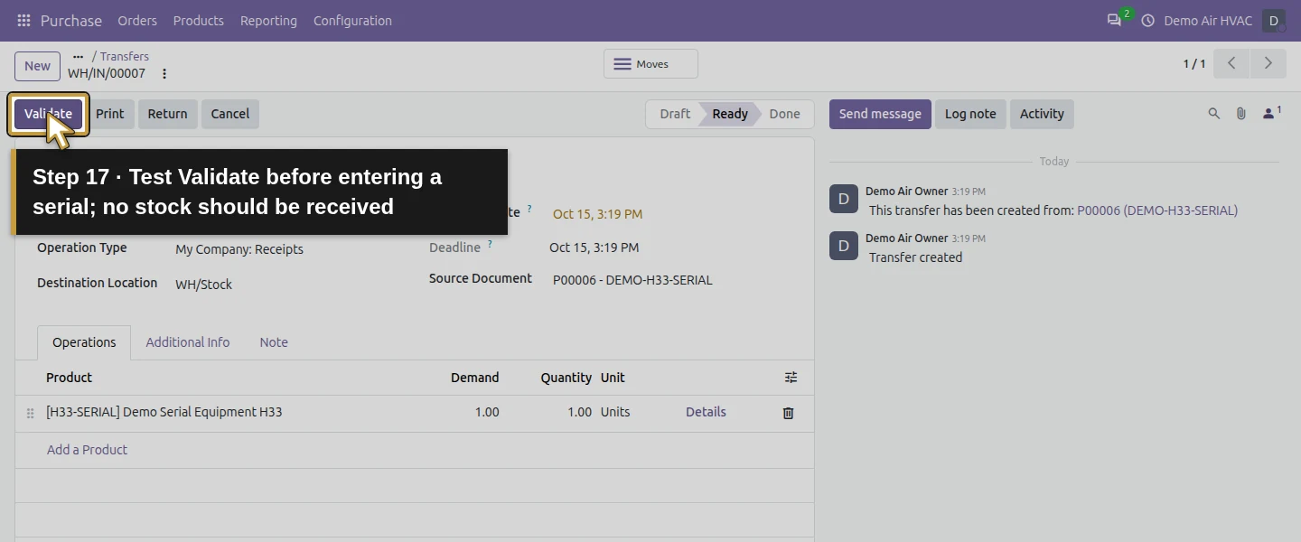 Action 17: Test Validate before entering a serial; no stock should be received. The actual target is highlighted in gold.