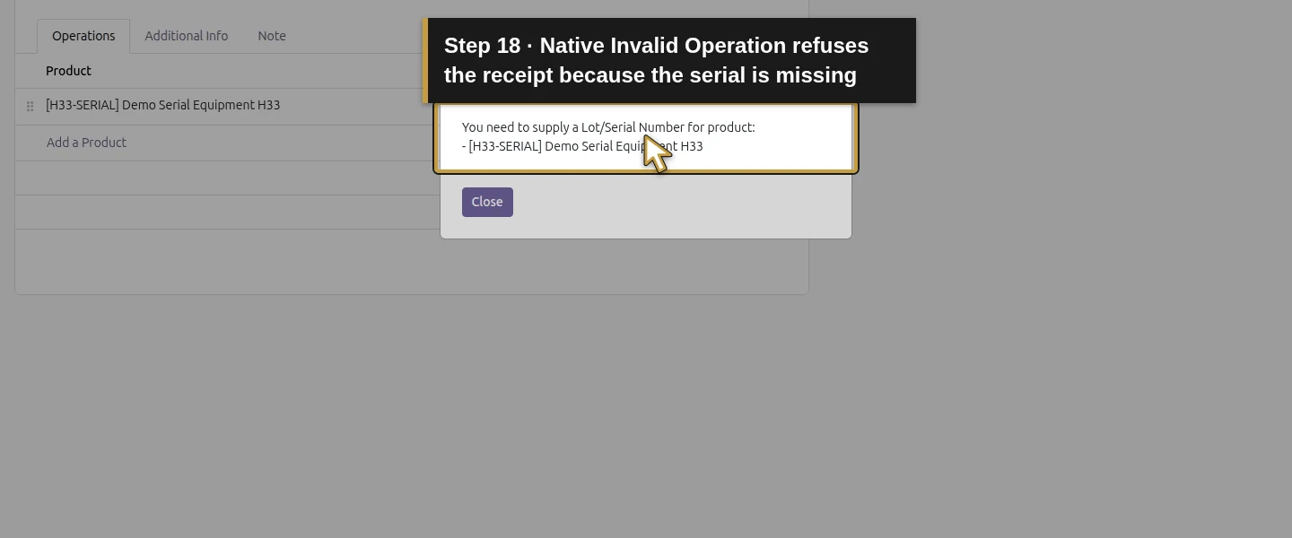 Action 18: Native Invalid Operation refuses the receipt because the serial is missing. The actual target is highlighted in gold.