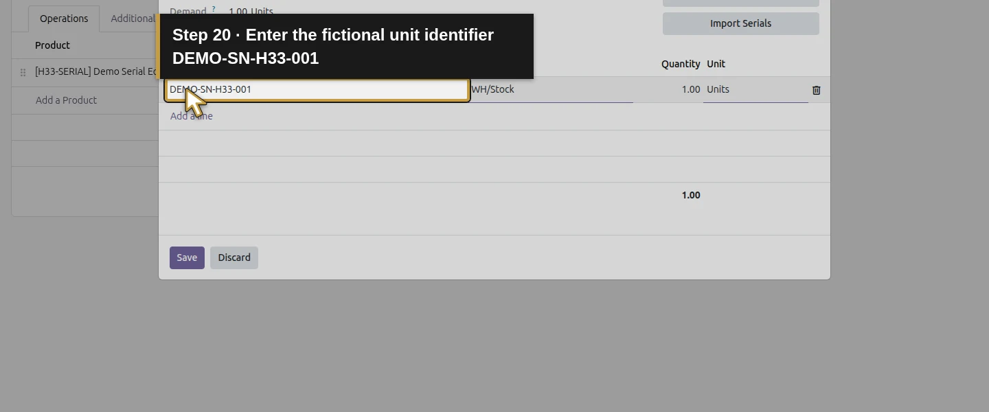 Action 20: Enter the fictional unit identifier DEMO-SN-H33-001. The actual target is highlighted in gold.