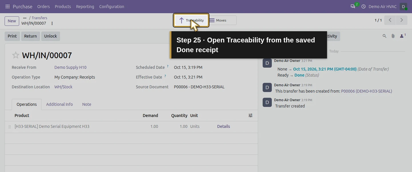 Action 25: Open Traceability from the saved Done receipt. The actual target is highlighted in gold.