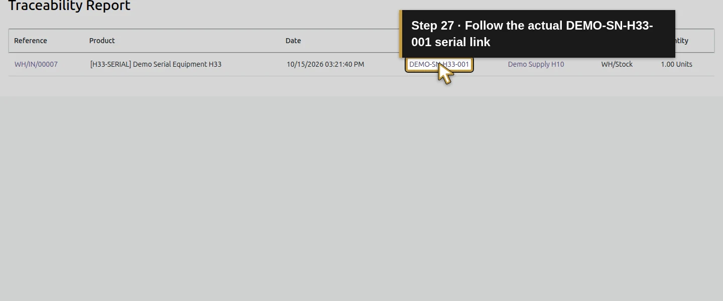 Action 27: Follow the actual DEMO-SN-H33-001 serial link. The actual target is highlighted in gold.