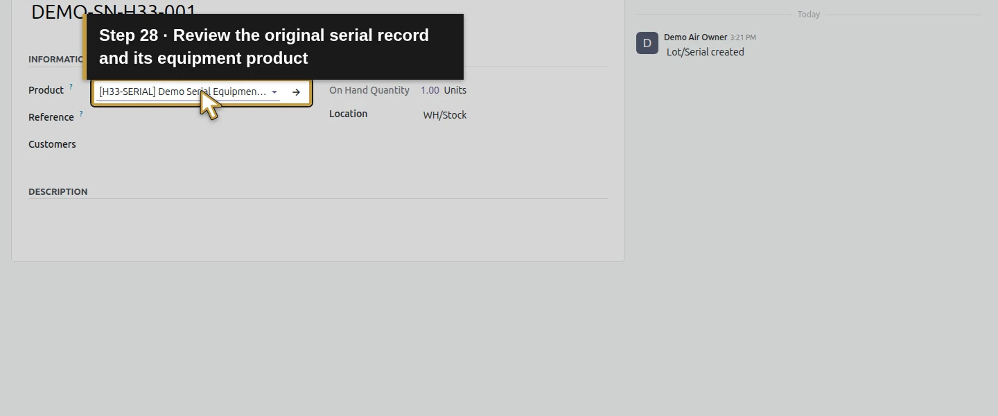 Action 28: Review the original serial record and its equipment product. The actual target is highlighted in gold.