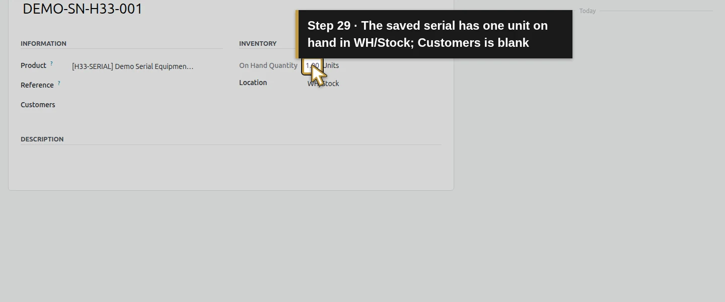 Action 29: The saved serial has one unit on hand in WH/Stock; Customers is blank. The actual target is highlighted in gold.