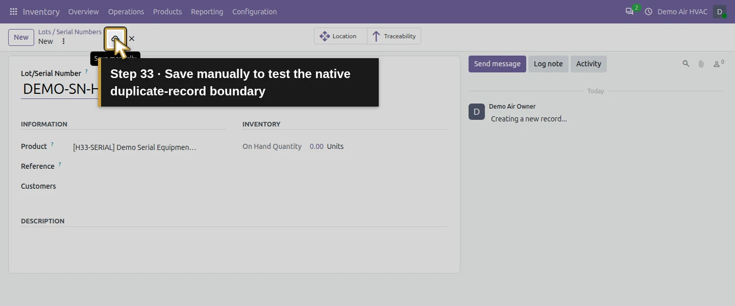 Action 33: Save manually to test the native duplicate-record boundary. The actual target is highlighted in gold.