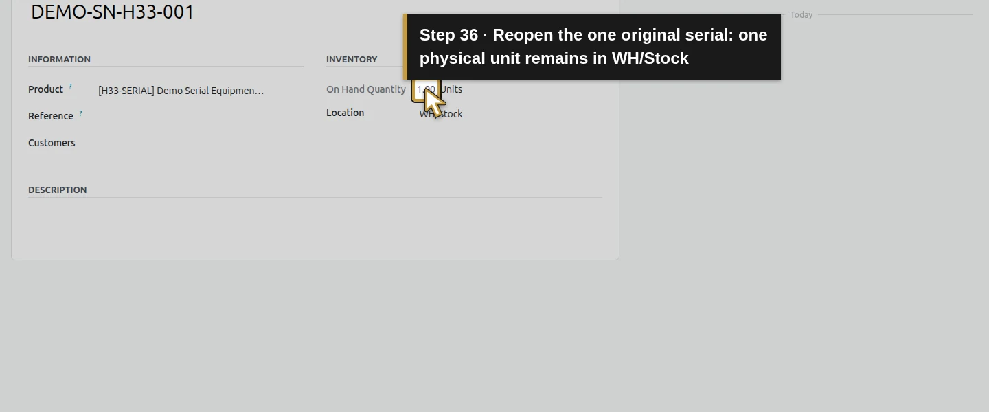 Action 36: Reopen the one original serial: one physical unit remains in WH/Stock. The actual target is highlighted in gold.