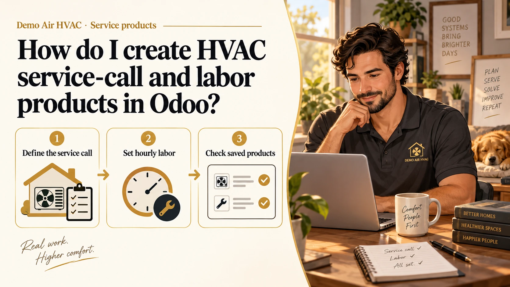 How do I create HVAC service-call and labor products in Odoo? A fictional HVAC owner connects Define the service call, Set hourly labor and Check saved products.
