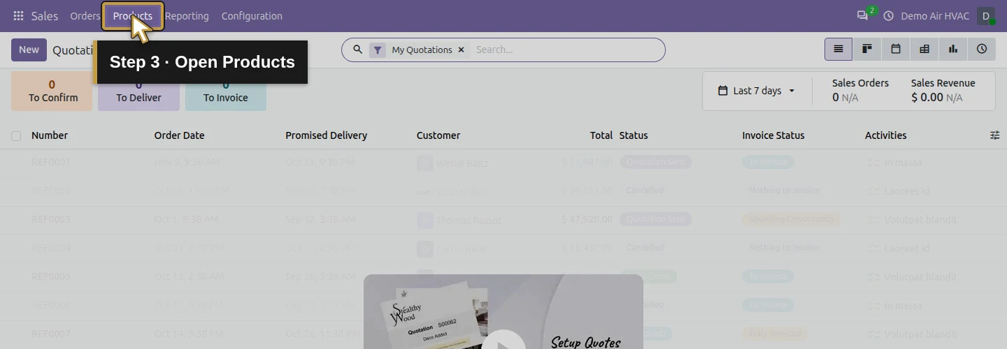 Step 3: Open Products. The actual Odoo control is highlighted in gold.