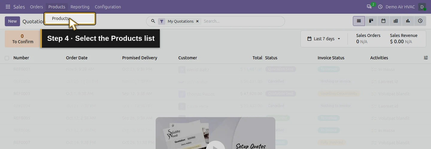 Step 4: Select the Products list. The actual Odoo control is highlighted in gold.