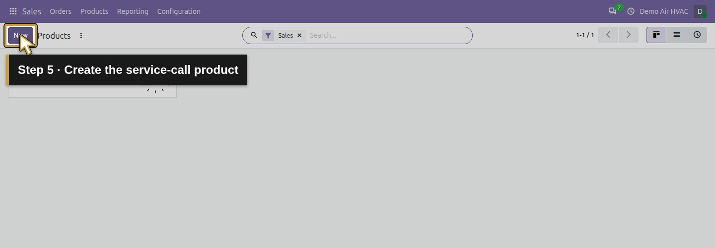 Step 5: Create the service-call product. The actual Odoo control is highlighted in gold.