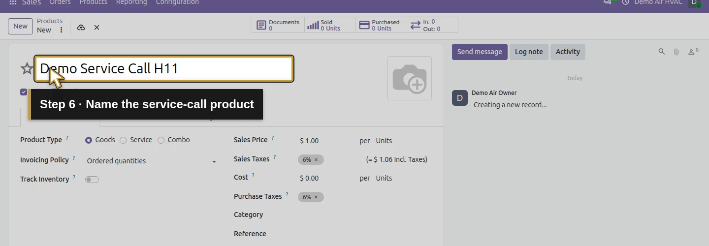 Step 6: Name the service-call product. The actual Odoo control is highlighted in gold.