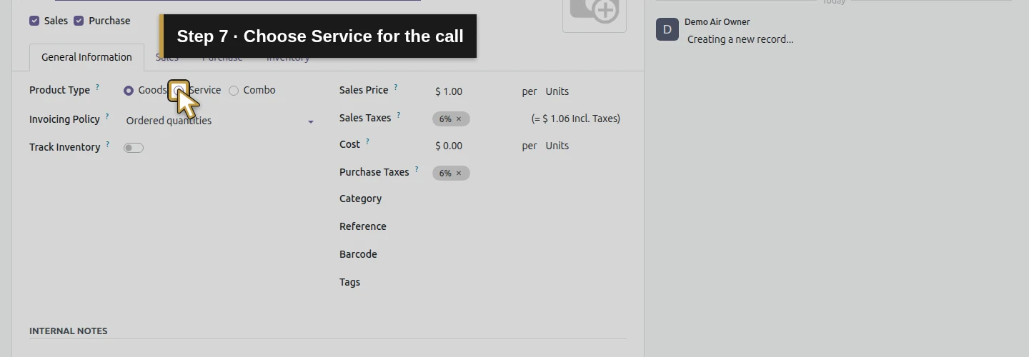 Step 7: Choose Service for the call. The actual Odoo control is highlighted in gold.