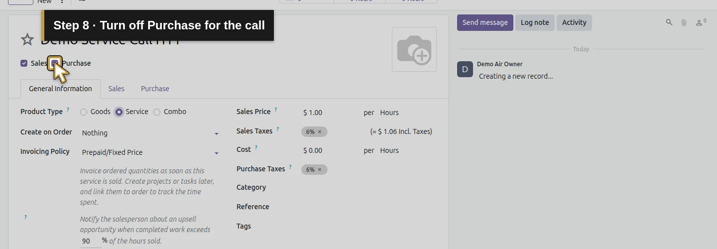 Step 8: Turn off Purchase for the call. The actual Odoo control is highlighted in gold.