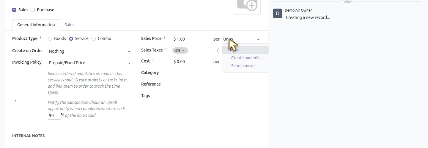 Step 9: Find the Units sales unit. The actual Odoo control is highlighted in gold.