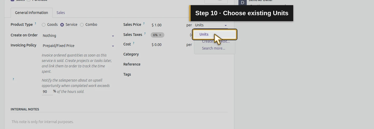 Step 10: Choose existing Units. The actual Odoo control is highlighted in gold.
