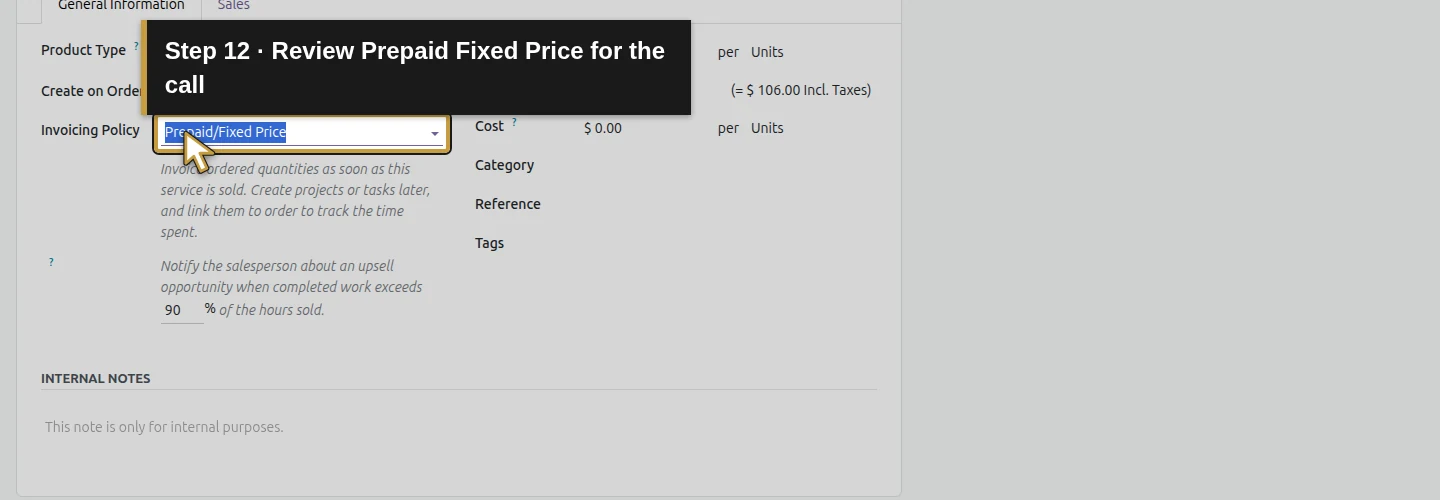 Step 12: Review Prepaid Fixed Price for the call. The actual Odoo control is highlighted in gold.