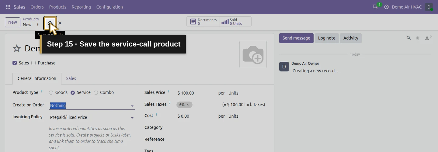 Step 15: Save the service-call product. The actual Odoo control is highlighted in gold.