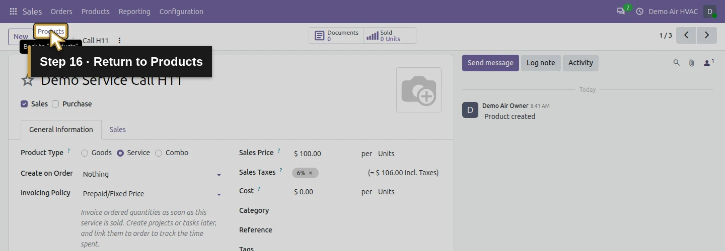 Step 16: Return to Products. The actual Odoo control is highlighted in gold.