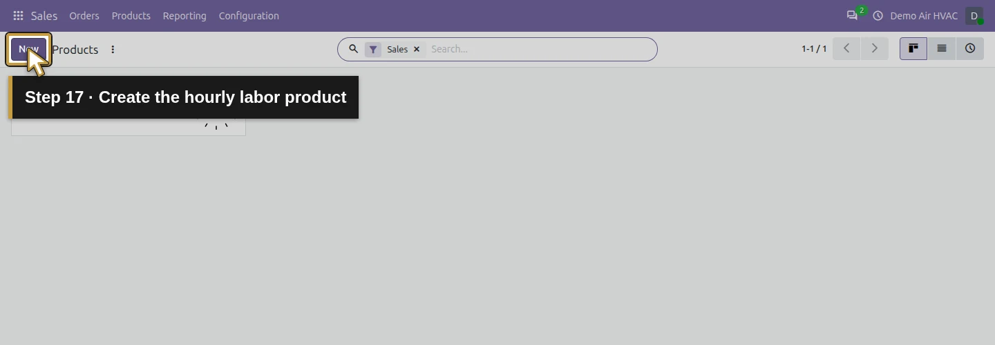 Step 17: Create the hourly labor product. The actual Odoo control is highlighted in gold.