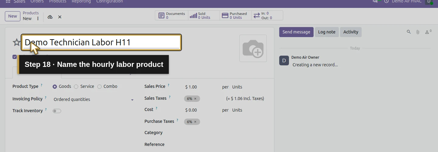 Step 18: Name the hourly labor product. The actual Odoo control is highlighted in gold.