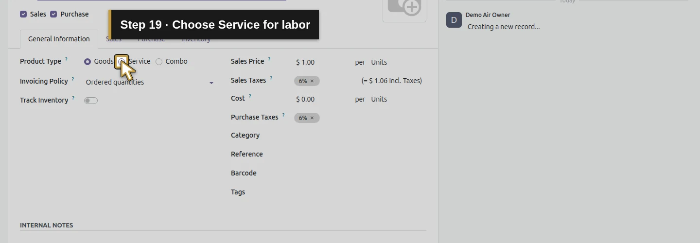 Step 19: Choose Service for labor. The actual Odoo control is highlighted in gold.