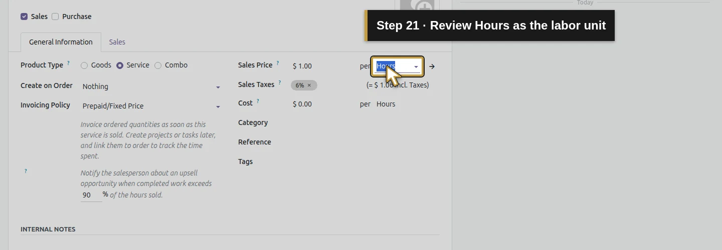 Step 21: Review Hours as the labor unit. The actual Odoo control is highlighted in gold.