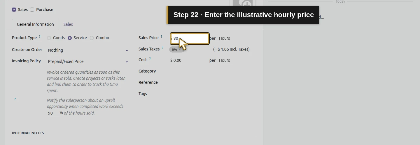 Step 22: Enter the illustrative hourly price. The actual Odoo control is highlighted in gold.