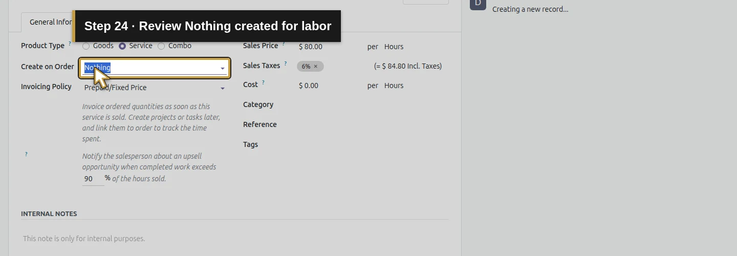 Step 24: Review Nothing created for labor. The actual Odoo control is highlighted in gold.