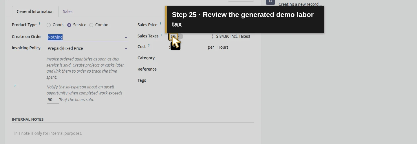 Step 25: Review the generated demo labor tax. The actual Odoo control is highlighted in gold.