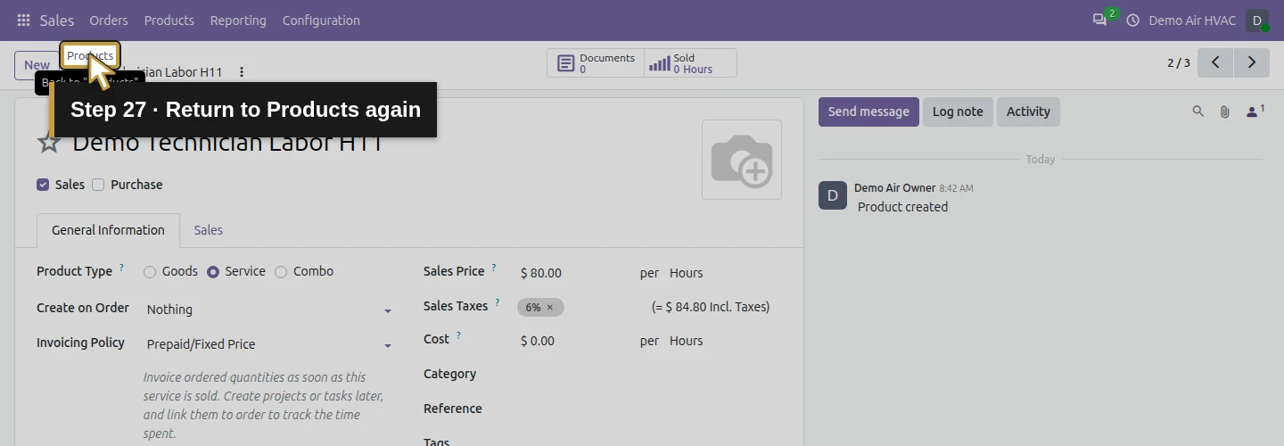 Step 27: Return to Products again. The actual Odoo control is highlighted in gold.