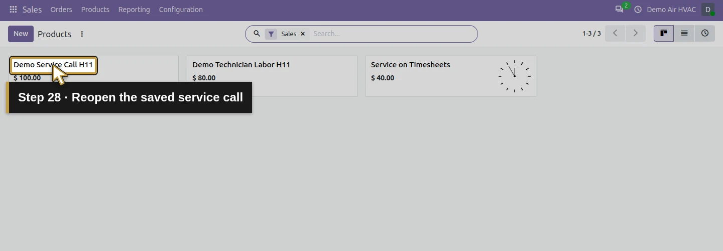 Step 28: Reopen the saved service call. The actual Odoo control is highlighted in gold.