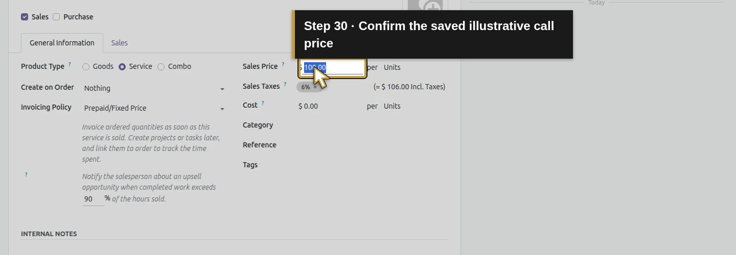 Step 30: Confirm the saved illustrative call price. The actual Odoo control is highlighted in gold.
