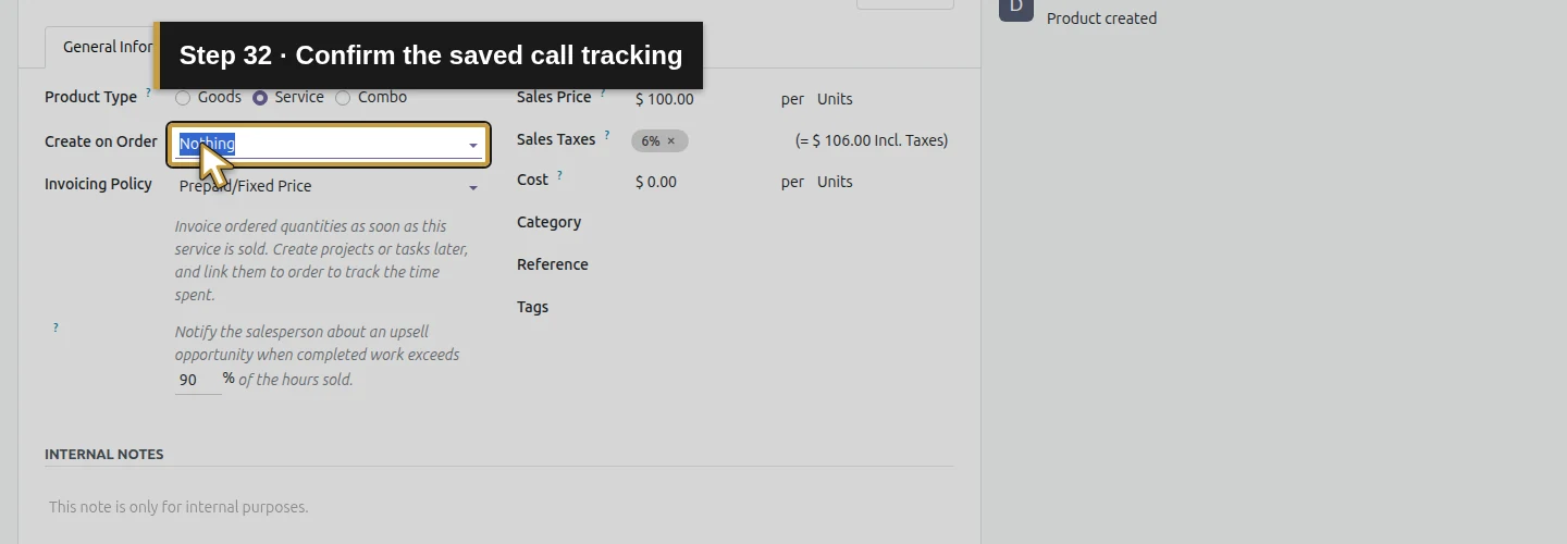 Step 32: Confirm the saved call tracking. The actual Odoo control is highlighted in gold.