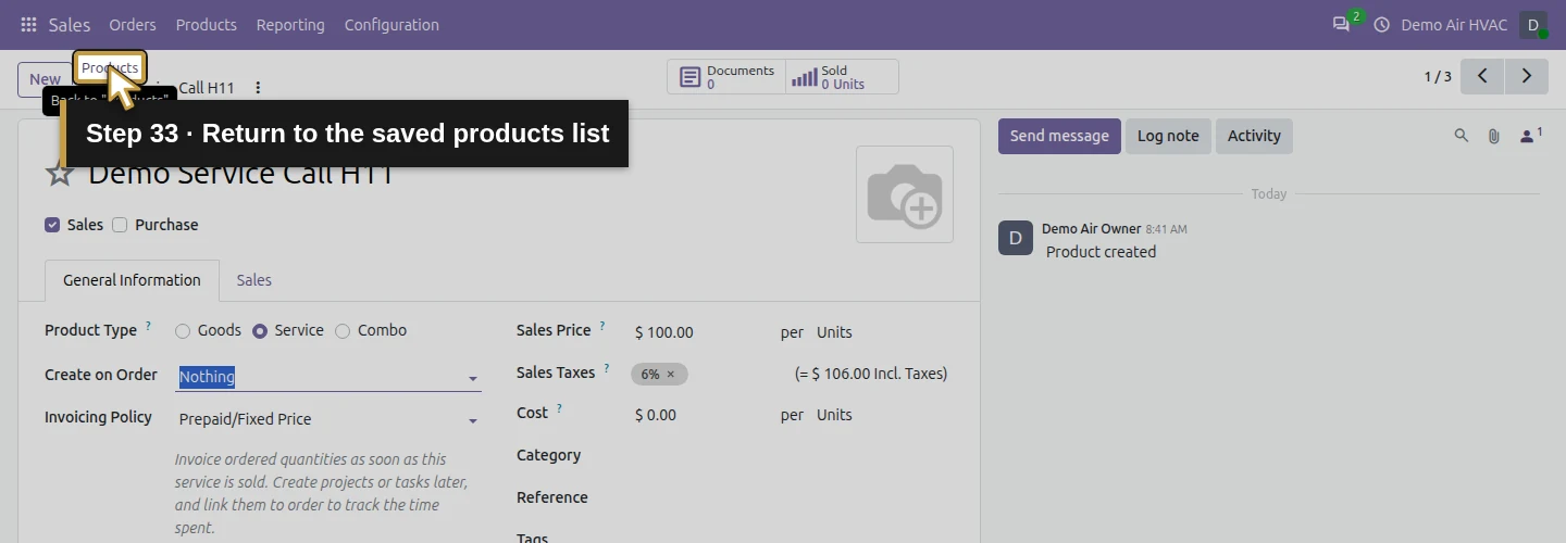 Step 33: Return to the saved products list. The actual Odoo control is highlighted in gold.
