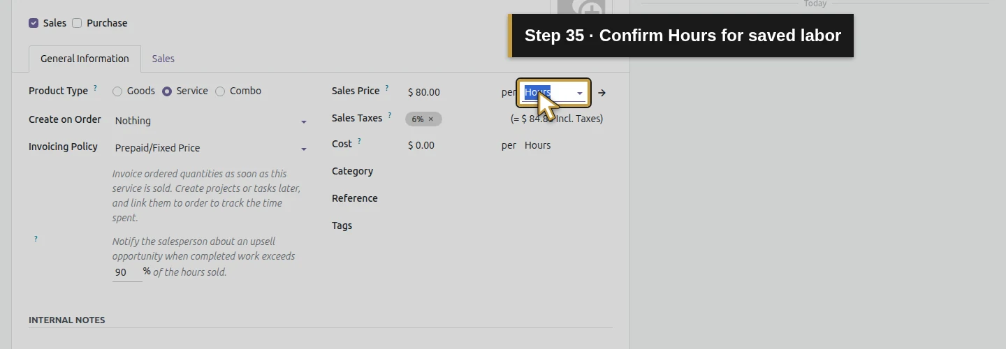 Step 35: Confirm Hours for saved labor. The actual Odoo control is highlighted in gold.