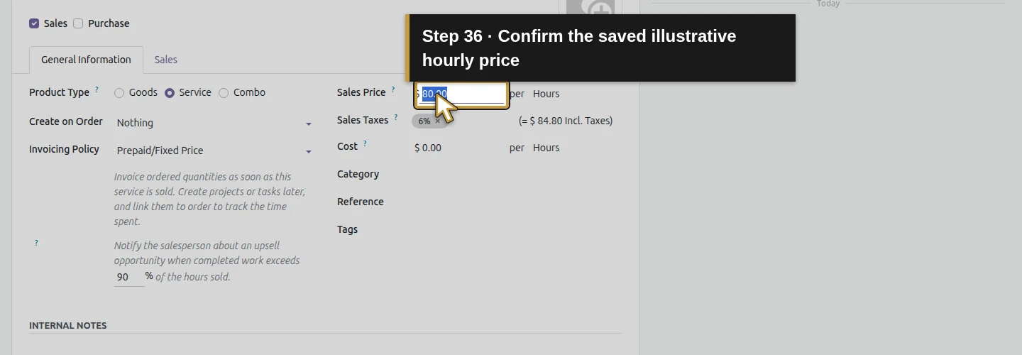 Step 36: Confirm the saved illustrative hourly price. The actual Odoo control is highlighted in gold.