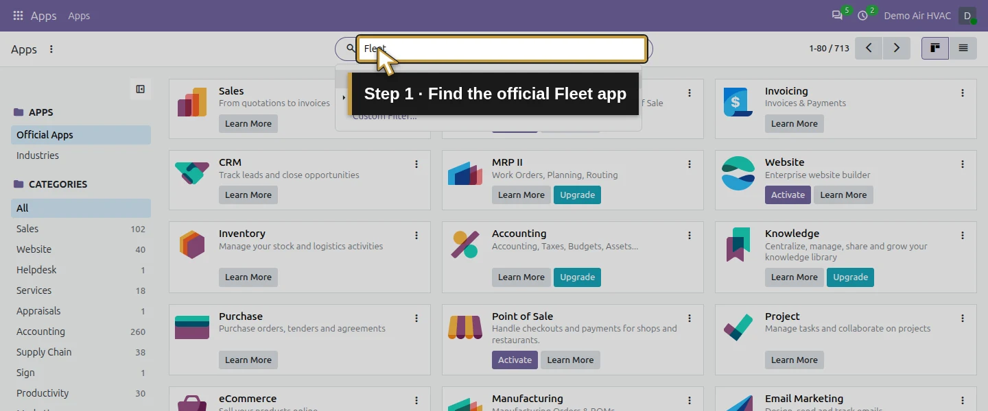 Action 1: Find the official Fleet app. The actual target is highlighted in gold.