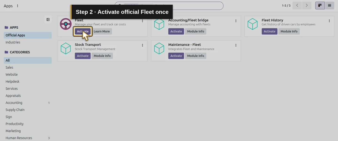 Action 2: Activate official Fleet once. The actual target is highlighted in gold.
