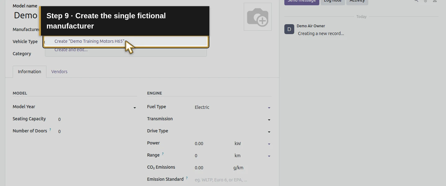 Action 9: Create the single fictional manufacturer. The actual target is highlighted in gold.
