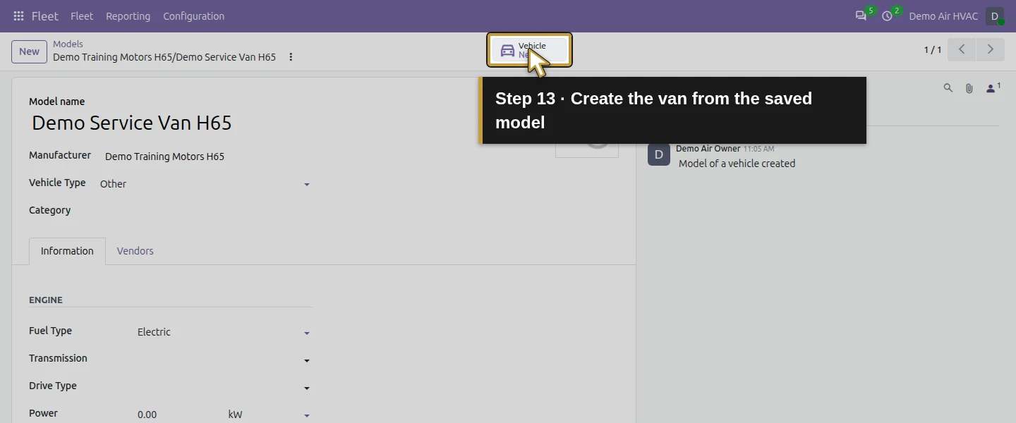 Action 13: Create the van from the saved model. The actual target is highlighted in gold.